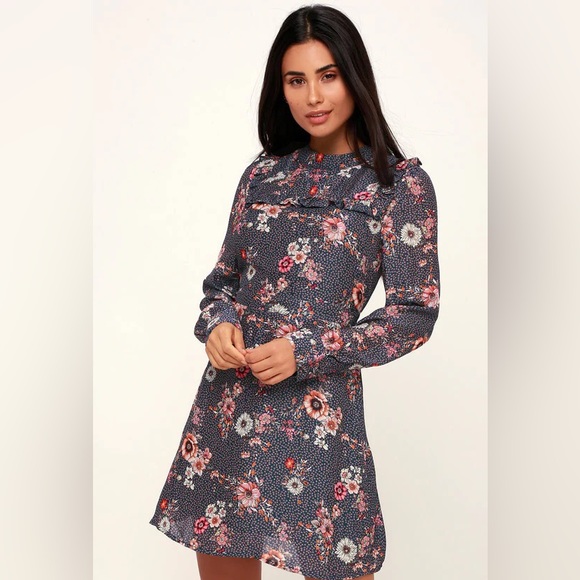 Cassidy Navy Blue Floral Print Mini Dress - Picture 1 of 9